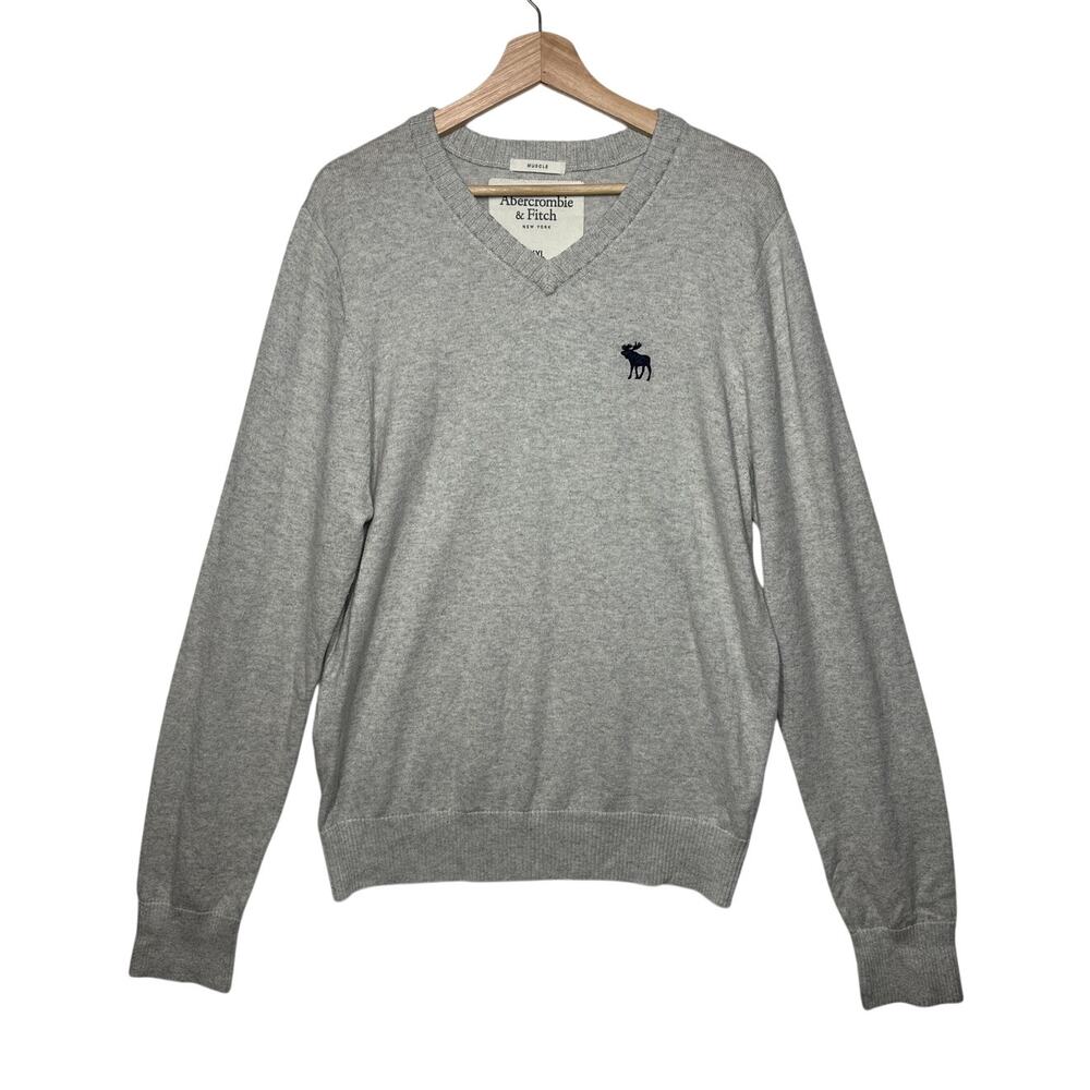 Abercrombie & Fitch Muscle Fit Sweater Gray V-Neck Cashmere Blend Logo XXL